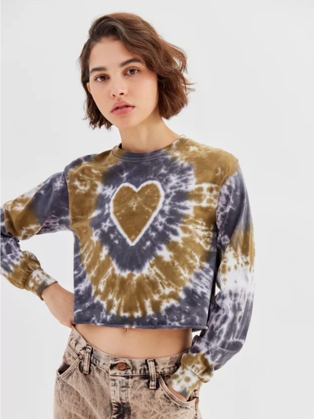 Urban Outfitters Olive & Charcoal Tie-Dye Heart Crop Sweatshirt